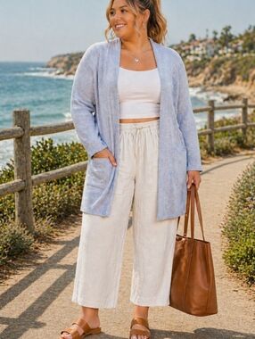 Talbots Plus‎ Size 2X Light Blue Open Front Cardigan Soft Minimalist Coastal
